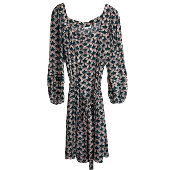 DR2 Womens Lightweight Dress Sz Large Green Pink Geometric Pattern Rayon Belted - Picture 1 of 8